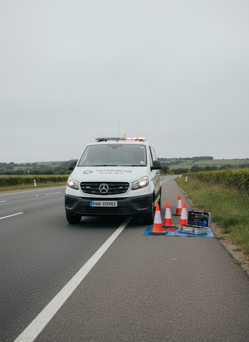A roadside assistance scene composed around a well-branded emergency service vehicle with a crisp, white finish and clear, corporate-style graphics, parked safely on the shoulder of a modern paved road. A set of neatly arranged safety cones and a compact, metallic roadside toolkit lie nearby, with subtle background details like gentle hills and tidy roadside greenery. The setting is washed in soft, overcast daylight, enhancing visibility and creating a calm, dependable atmosphere. Shot from a low, frontal angle to emphasize the vehicle’s accessibility and readiness, the photographic style is clean and modern, reflecting prompt, trustworthy assistance.